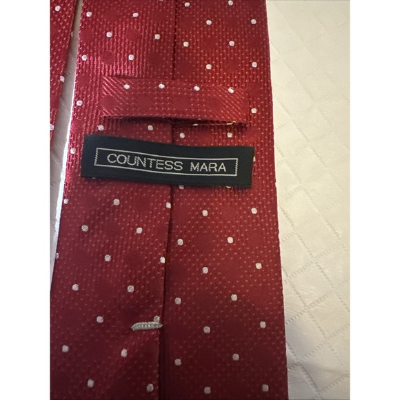 Countess Mara Necktie MARA 100% Silk Red Ivory Polka Dot‎ Textured Weave Tie - Picture 5 of 5